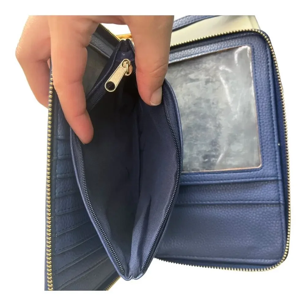 Roxy Magic Happens blue gold zip embossed pattern wristlet wallet vegan leather